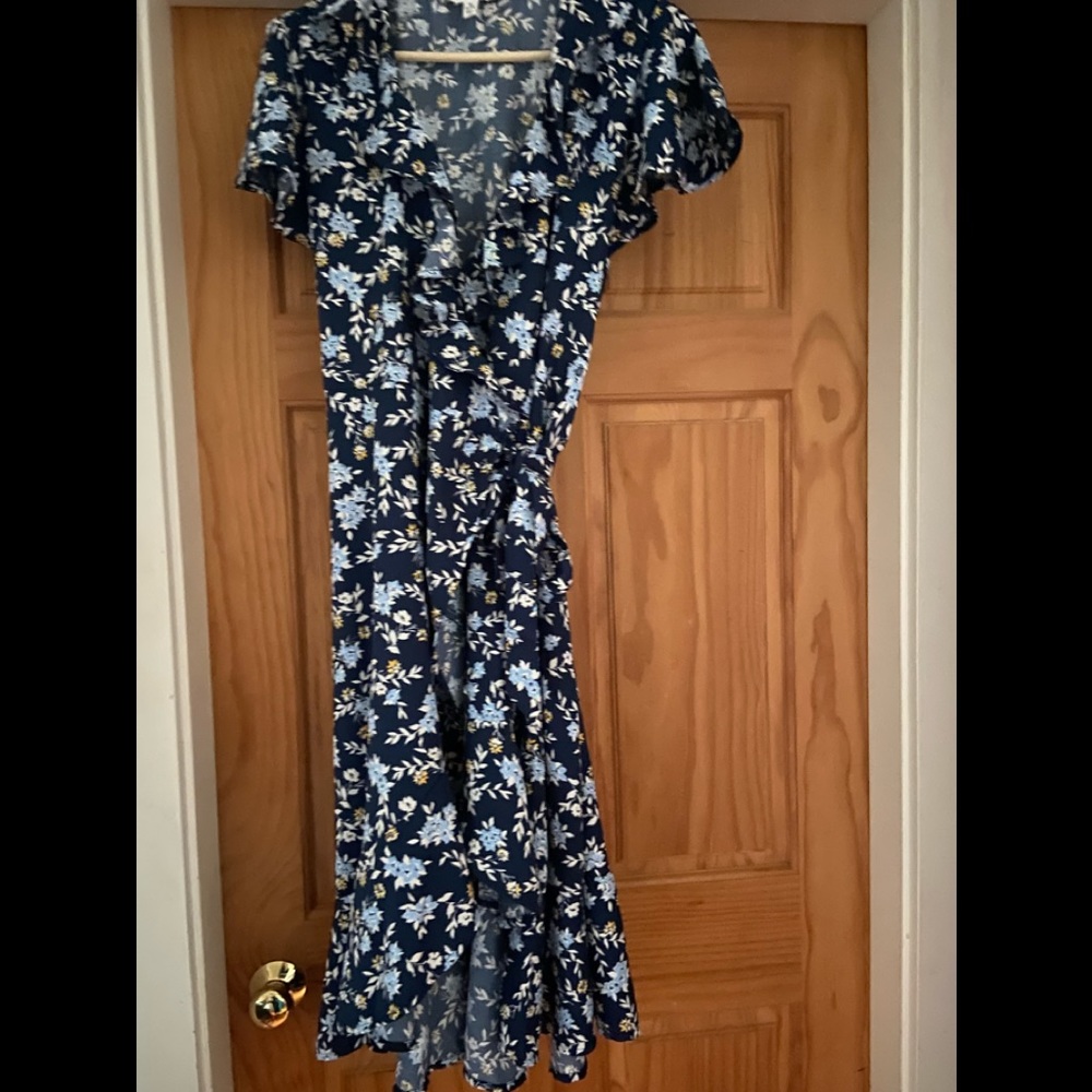 Blue yellow floral dress wrap style feminine ruffle design